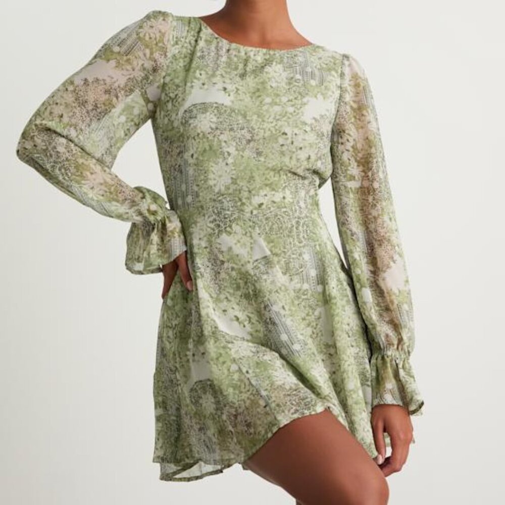 NWT Lulus Kivah Green Boho Print Long Sleeve Mini Dress - Size S